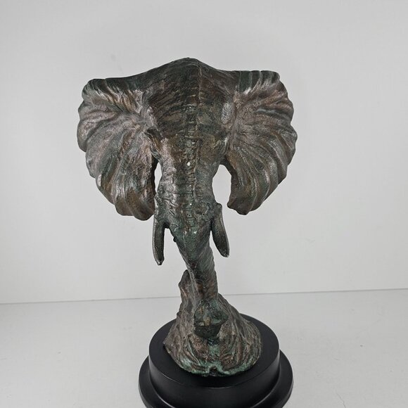 Cast Metal Elephant Head Sculpture On Black Base Bronze Look - Picture 7 of 8